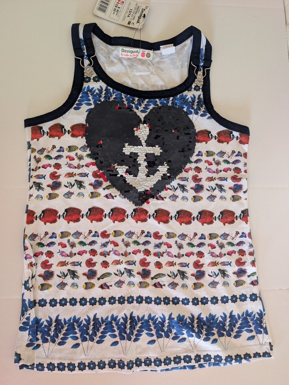 NWT Desigual Girls Reversible Sequin Heart Anchor Tank Top Size 13/14